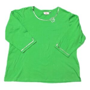 Quacker Factory Top Womens Green Sequin 3/4 Sleeve Grandma Nostalgic St Patricks